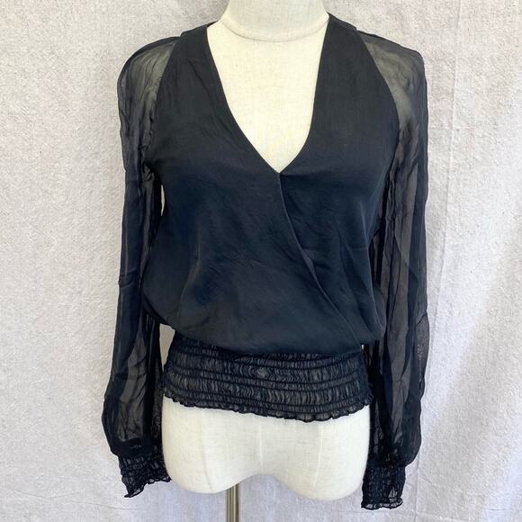 Halston Heritage black silk surplice peasant top with smocked band/cuffs size 0 - Picture 1 of 14